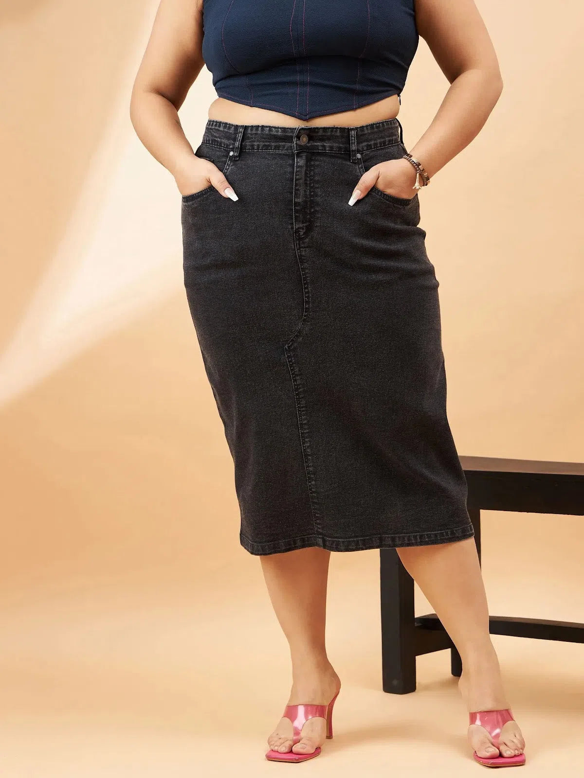 Women Black Denim Acid Wash A-Line Skirt lace skirt intricate