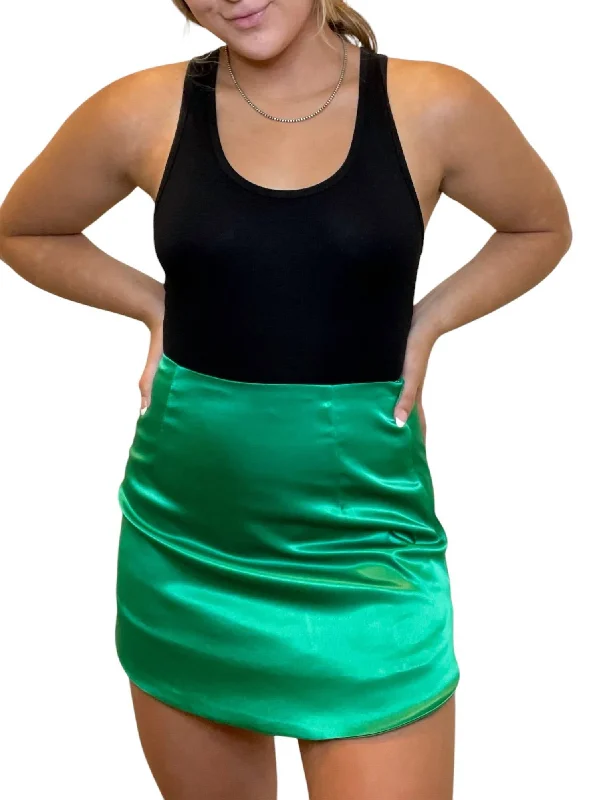 Wish Me Luck Satin Mini Skirt In Green velvet skirt rich