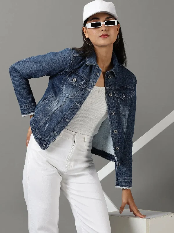 Women's Navy Blue Solid Denim Jacket-IM-9827-Navyblue Rayon Fabric Velvet Fabric Corduroy Fabric