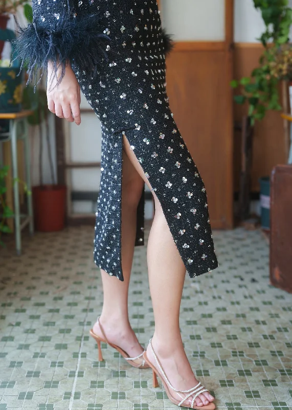 Gatsby Chic Tweed Midi Skirt (Black) chiffon skirt flowing