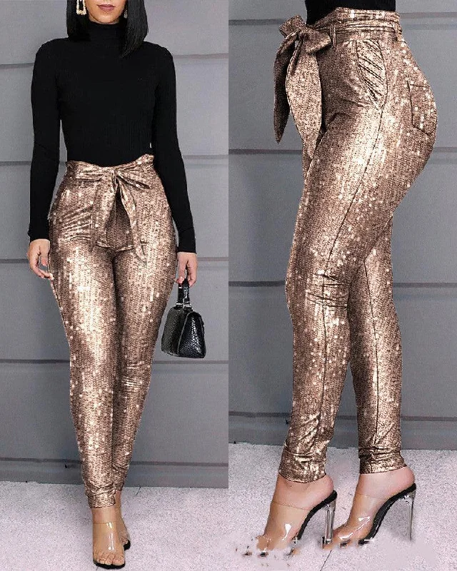 Special Belle Champagne Stretch Sequin Pants Comfortable Jogging Pants