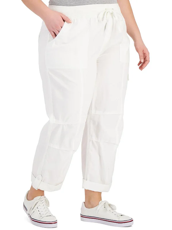 Plus Womens High Rise Ankle Cargo Pants Relaxed Linen Pants