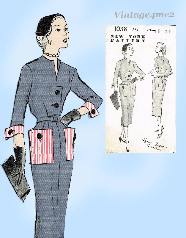 New York 1038: 1950s Uncut Misses Designer Dress Sz 34 B Vintage Sewing Pattern Tunics Office stylish