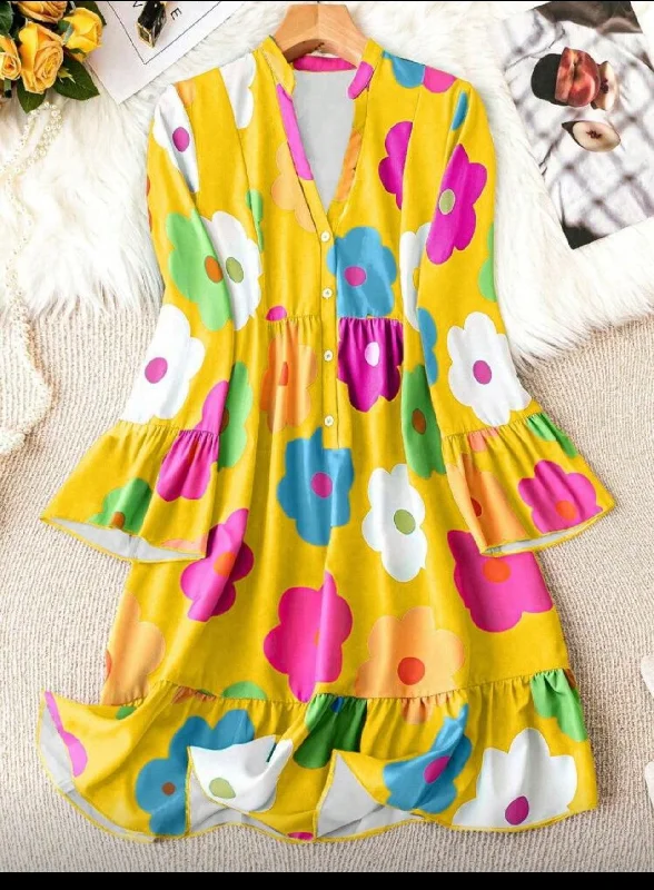 Yellow Blossom Dress with Notched Neckline & Lantern Sleeves - Summer Wear Tunics Fall fleece