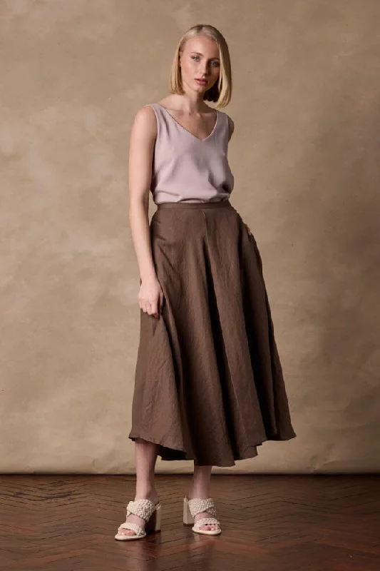 Sienna A-Line Midi Skirt - Brown Linen Blend velvet skirt luxury