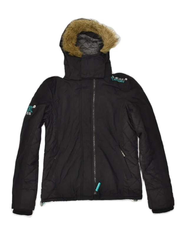 SUPERDRY Womens Windcheater Hooded Windbreaker Jacket UK 8 Small Black Denim Fabric Leather Fabric Suede Fabric