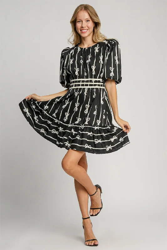Hazel Blues® |  Umgee Ribbon Print Frill Contrast Velvet Trim Half Sleeve Dress Boat Neckline Classic