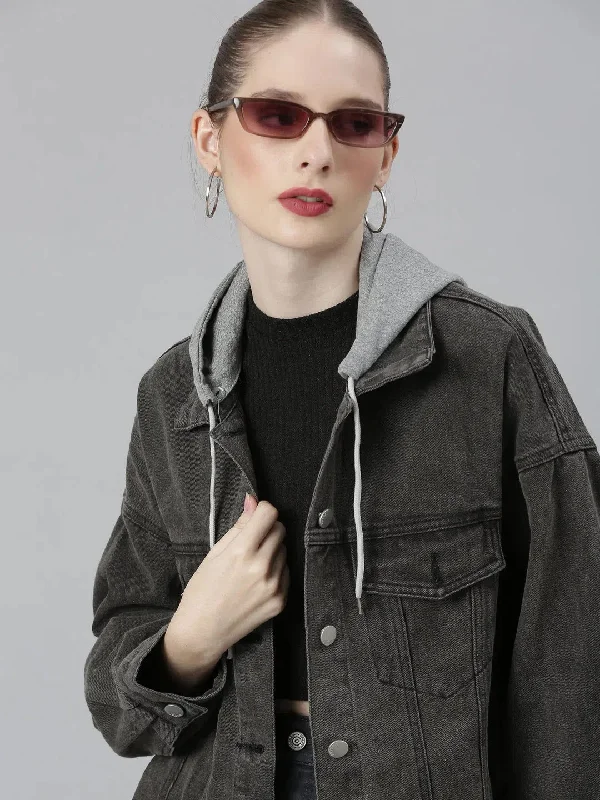 Women Charcoal Solid Denim Jacket-CHN-368-Charcoal Herringbone Jacket Houndstooth Jacket Plaid Jacket