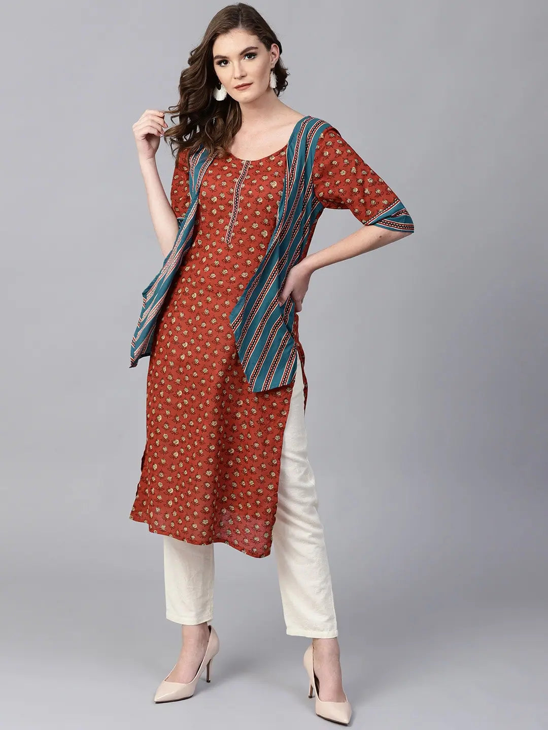 Womens Slub Printed Jacket Style Kurta Stand-Up Collar Roll-Neck Collar Turtle Neck