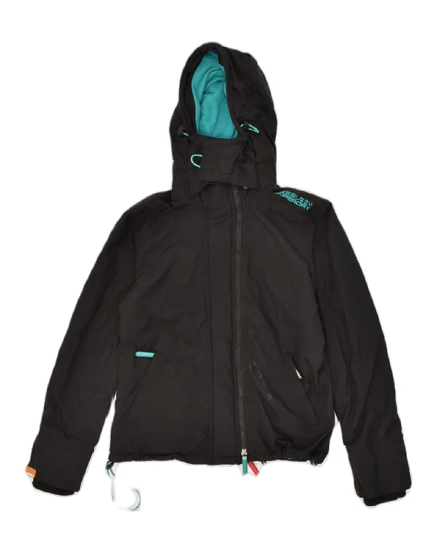 SUPERDRY Womens Windcheater Hooded Windbreaker Jacket UK 14 Medium Black Snapped Jacket Toggled Jacket Drawstring Jacket