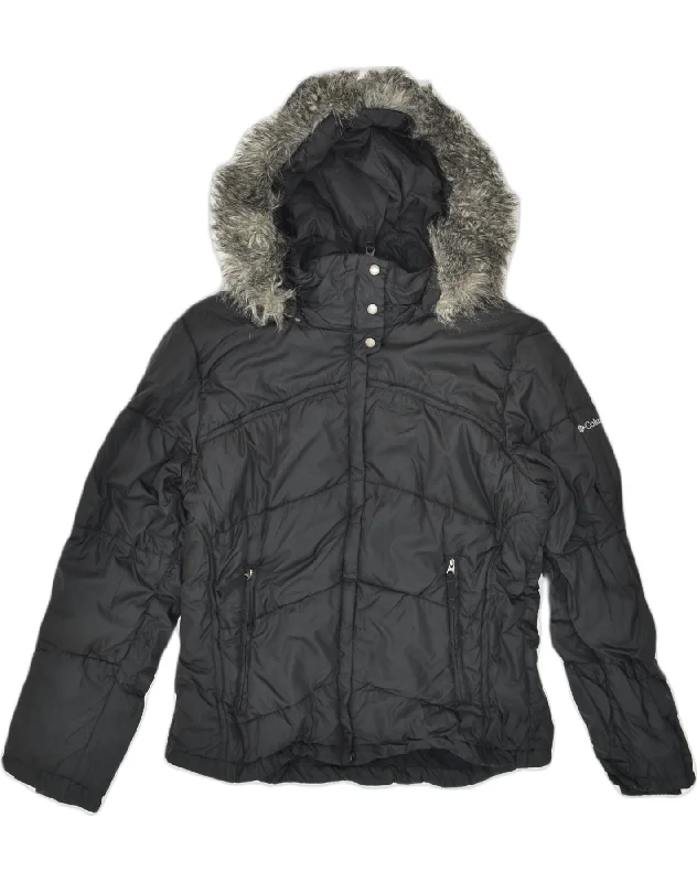 COLUMBIA Womens Hooded Padded Jacket UK 14 Medium Black Polyester Knit Jacket Woven Jacket Fleece Jacket