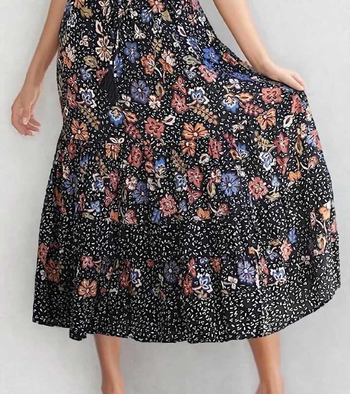 Rowan Tiered Maxi Skirt In Black Multi flowy skirt hem
