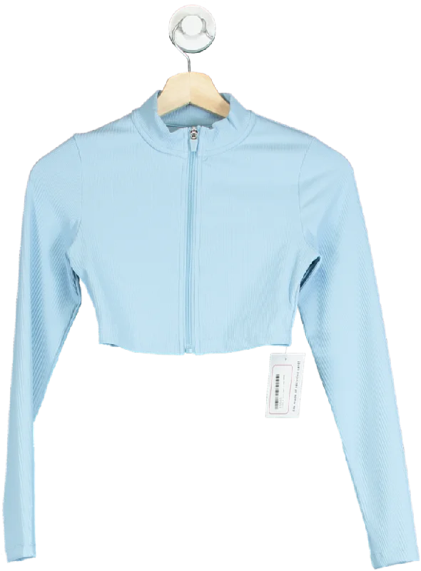 Light Blue Ribbed Cropped Zip-Up Jacket UK S Cotton Fabric Linen Fabric Terry Fabric