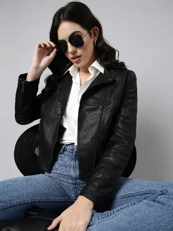 Women Solid Black Biker Jacket-8871-Black Fitted Jacket Loose Jacket Oversized Jacket