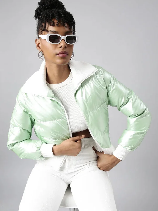 Women Solid Green Puffer Jacket-12-Green Ribbed Jacket Pleated Jacket Ruffled Jacket