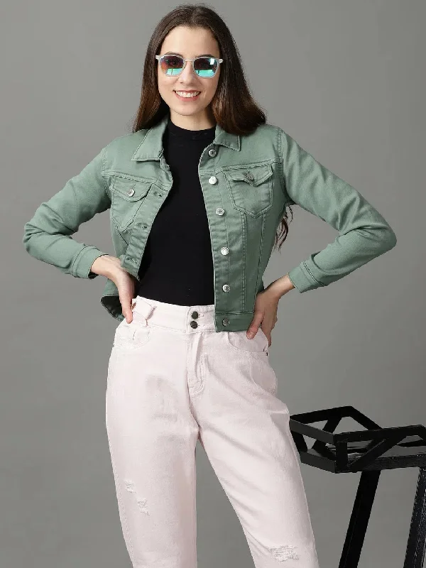 Women's Sea Green Solid Open Front Jacket-LT-JKT-22130-Seagreen Denim Jacket Leather Jacket Suede Jacket