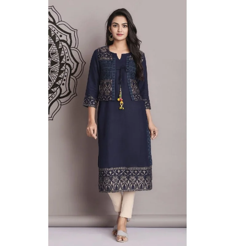 Arayna Women's Rayon Printed Kurti with Jacket Belted Jacket Elasticated Jacket Padded Jacket