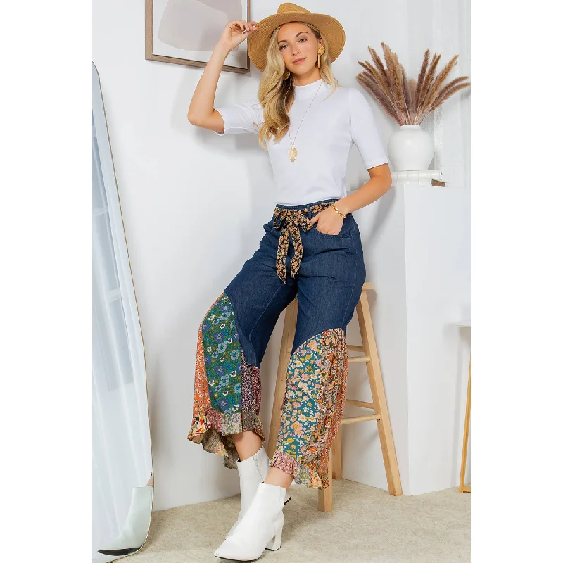 YOUNG THREADS - Boho Flare: Overdyed Denim Bellbottom Pants with Printed Slim-Fit Khaki Pants YOUNG THREADS - Boho Flare: Overdyed Denim Bellbottom Pants with Printed Slim-Fit Khaki Pants