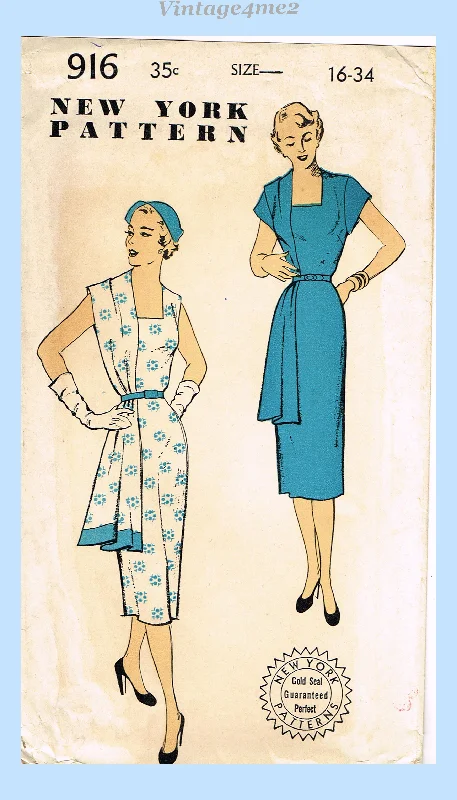 New York 916: 1950s Uncut Misses Slender Dress Sz 34 B Vintage Sewing Pattern Tunics Formal black
