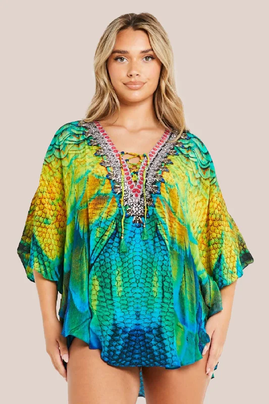 Aftershock London Yellow Blue Short Beach Dress Kaftan Shift Classic Vintage