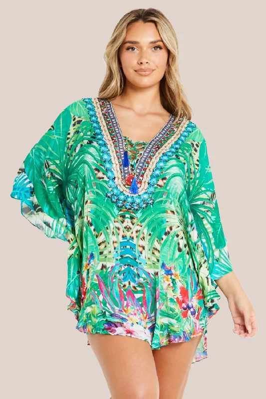 Aftershock London Tropical Green Short Beach Dress Kaftan Bodycon Club Sequined