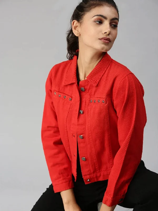 Women's Red Solid Denim Jacket Jackets-AE-999147-Red Plaid Jacket Tartan Jacket Houndstooth Jacket