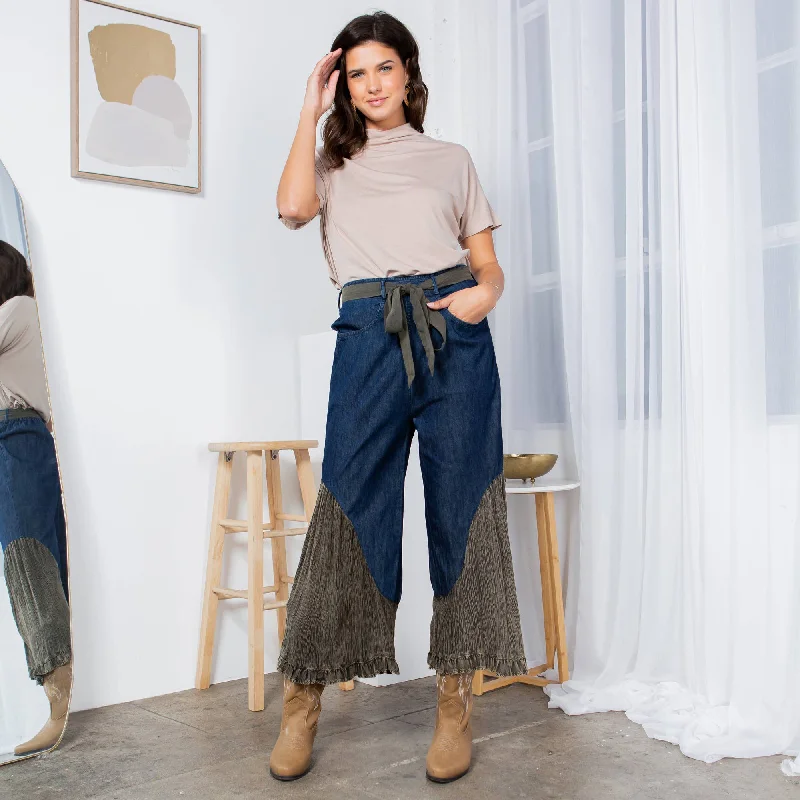 YOUNG THREADS - Boho Flare: Overdyed Denim Bellbottom Pants With Overdyed Elegant Silk Pants