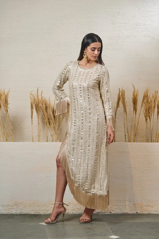 High Low Ivory Dress With Tassel Work Tunics Stylish modern