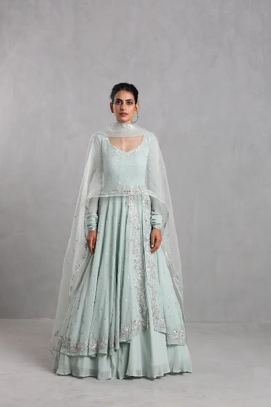 Esha Koul Ice Blue Embellished Anarkali Skirt Set silk skirt lustrous