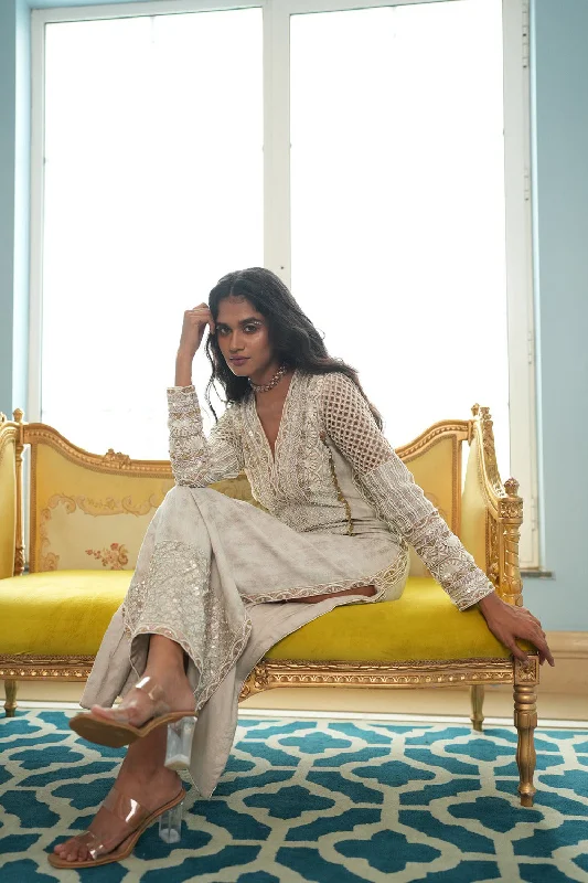 Ivory Silk Foil Hand Embroidered Kaftan Dress Tunics Office stylish