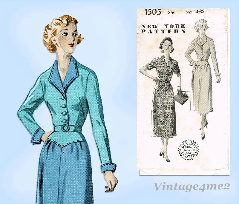 New York 1505: 1950s Uncut Misses Afternoon Dress Sz 32 Bust Vintage Sewing Pattern Tunics Sophisticated sleek