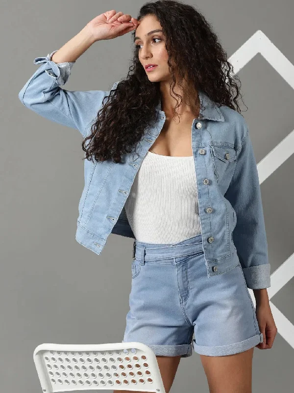Women's Blue Solid Denim Jacket-LT-JKT-105372-1-Blue Notch Collar Peter Pan Collar Cowl Neck