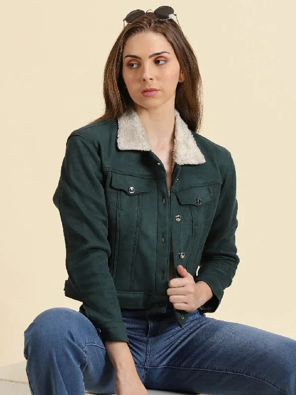 Women's Green Solid Open Front Jacket-LT-JKT-2112-Green Welt Pockets Slit Pockets Flap Pockets