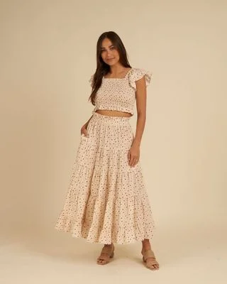 Rylee & Cru Women's Ruffle Tiered Maxi Skirt in Strawberry Fields leather skirt modern