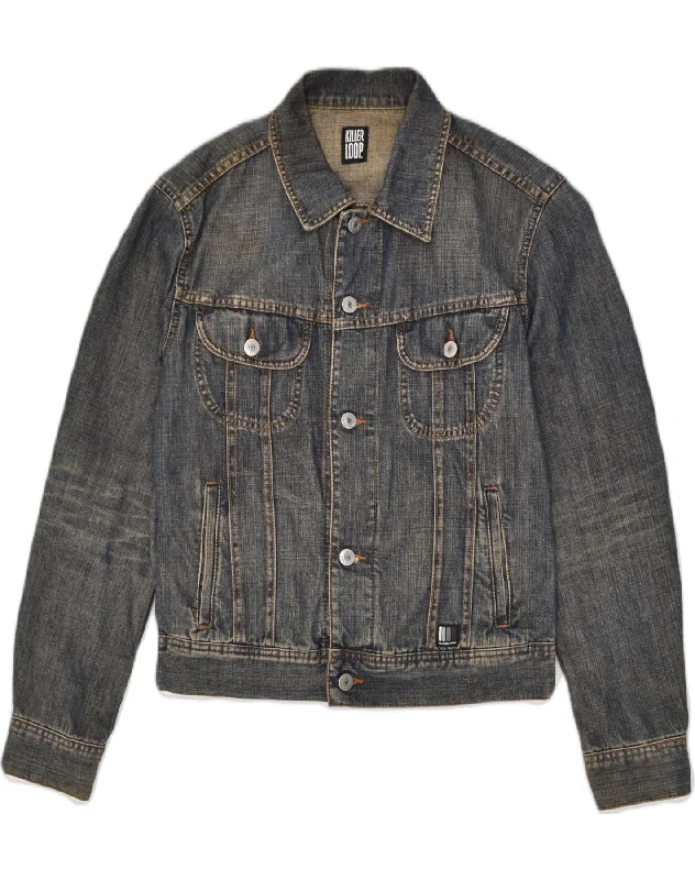 KILLER LOOP Womens Denim Jacket UK 10 Small Blue Cotton Jersey Jacket Tulle Jacket Batik Jacket
