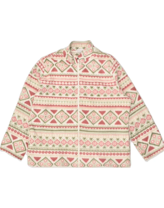 ALFRED DUNNER Womens Loose Fit Fleece Jacket UK 18 XL Beige Geometric Print Jacket Jacquard Jacket Embroidered Jacket