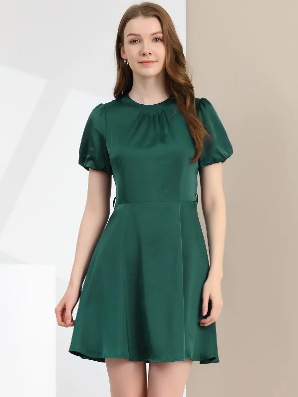 Elegant Pleated Neck Short Sleeve Belted Fit and Flare Satin Dress Tunics Floral girly