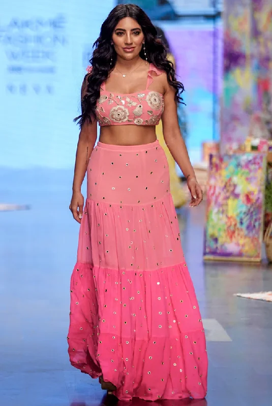 Coral Embroidered Top With Coral And Pink Ombre Shaded Gathered Skirt And Coral Mukaish Net Dupatta. chiffon skirt floaty