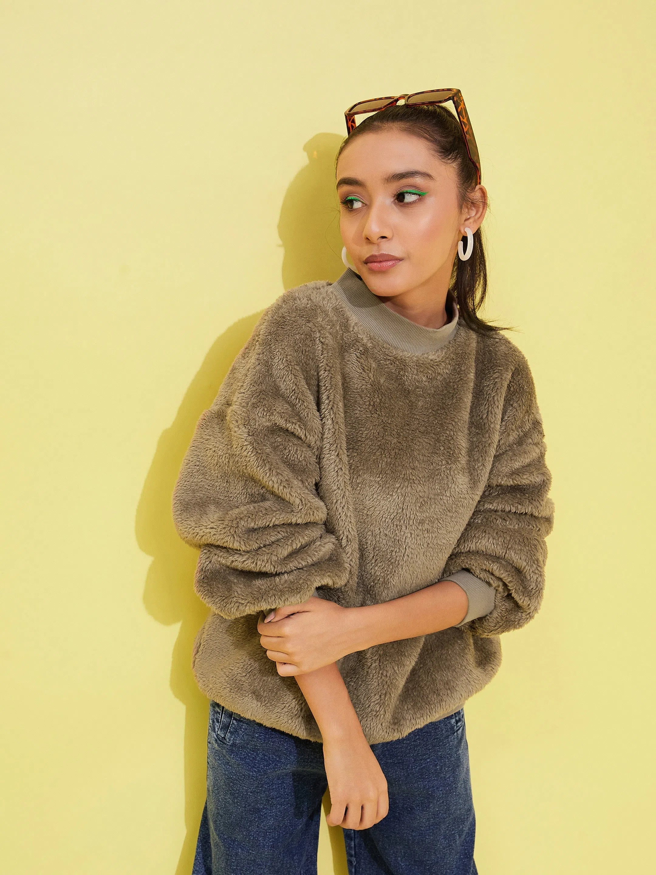 Girls Dark Grey Fur High Neck Sweatshirt Hoodie with Elastic Waist Stretchable Comfortable