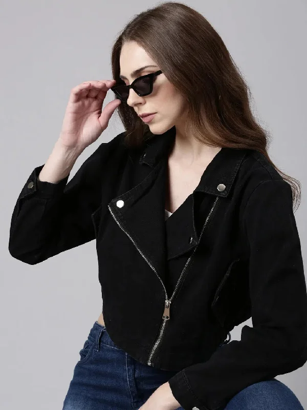 Women Black Solid Denim Jacket-CHN-9862-Black Mesh Jacket Canvas Jacket Denim Jacket