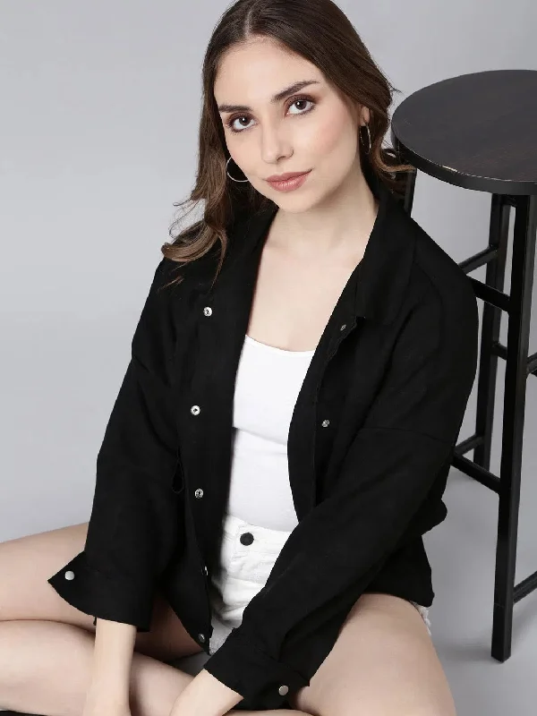 Women Solid Black Oversized Drop Shoulder Tailored Jacket-9003-Black Front Pockets Side Pockets Patch Pockets