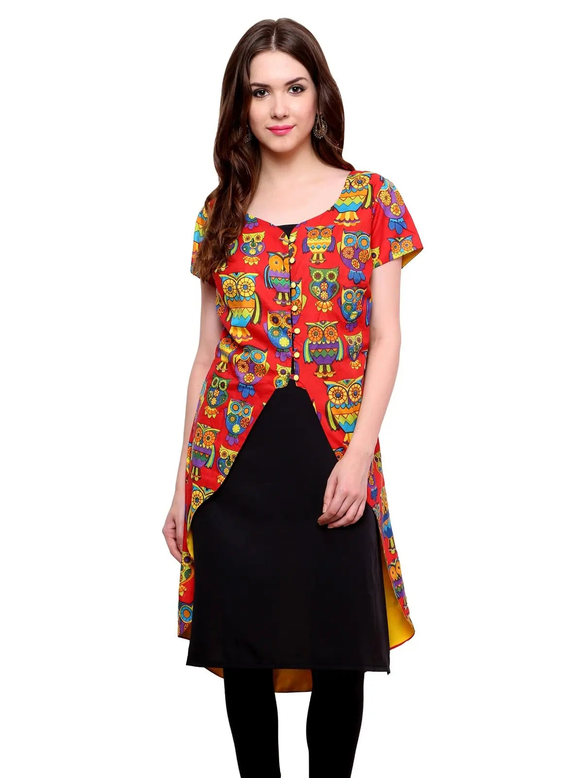 Pannkh Women's Owl Print Asymmetric Jacket Kurti-PK1129RED-S Tailored Jacket Straight Jacket A-Line Jacket