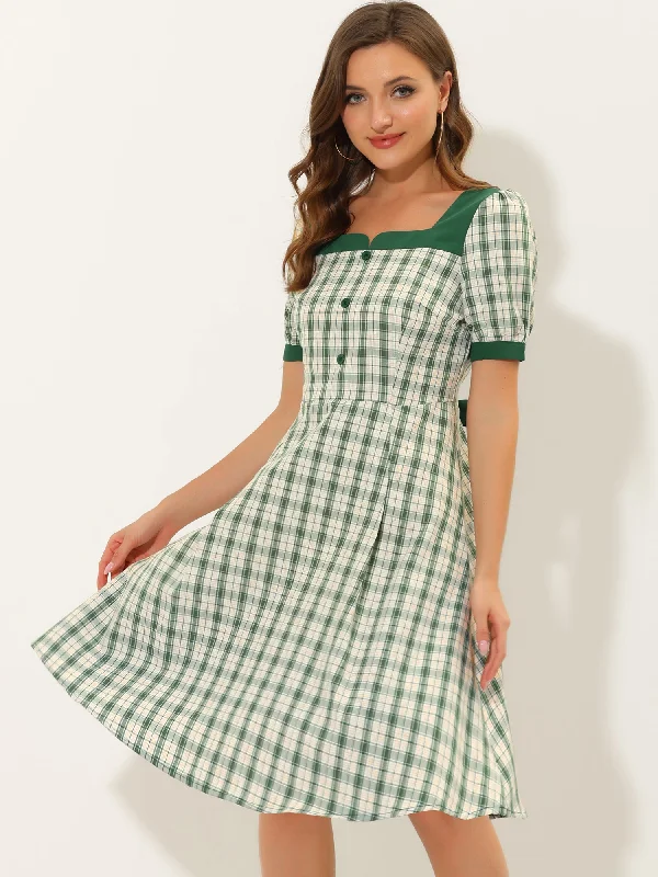 Plaid Square Neck Tie Back Contrast Short Sleeve A-line Dress Tunics stripes playful