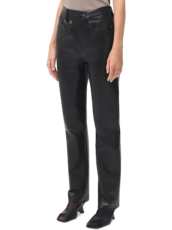 Womens Leather Blend High Rise Straight Leg Pants Comfortable Fleece Pants