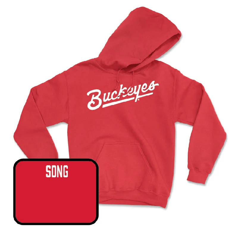 Red Women's Golf Script Hoodie  - Meijin Song Hoodie with Hem Detail Decorative Unique