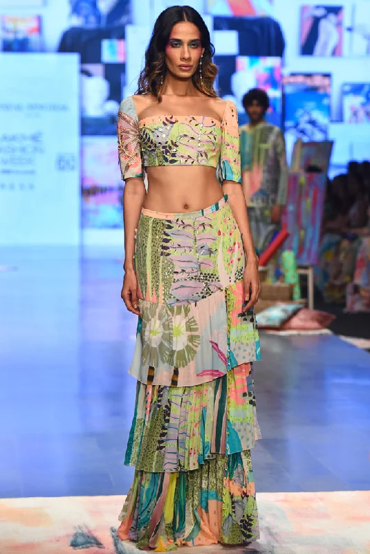 Tropical Print Georgette Embroidered Top With A Layered Front Slit Skirt lace skirt elegant