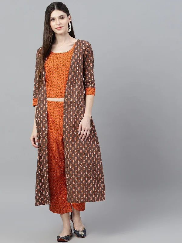 Women's Orange & Brown Printed Top & Capri With Jacket - AKS Chenille Jacket Brocade Jacket Lace Jacket