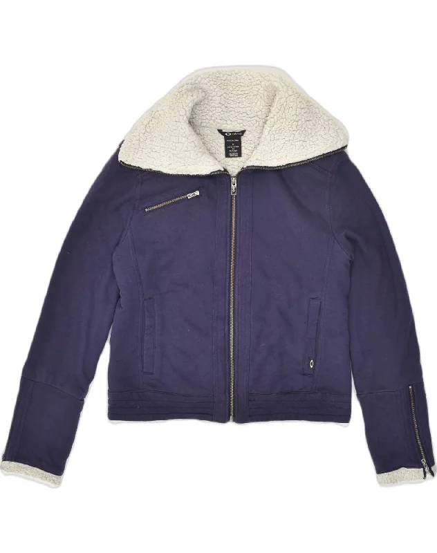 OAKLEY Womens Sherpa Jacket UK 10 Small Navy Blue Cotton Embroidered Jacket Appliqued Jacket Beaded Jacket