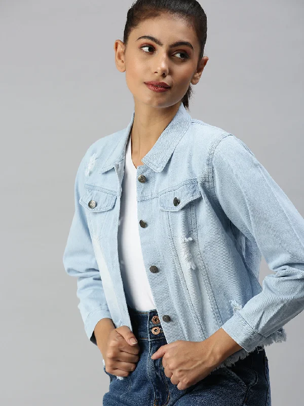 Women Spread Collar Solid Blue Denim Jacket-AE-999153-Blue Hooded Jacket Caped Jacket Shawl Collar Jacket