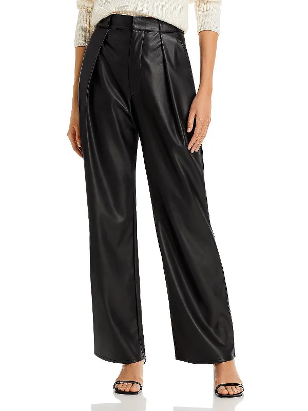 Womens Faux Leather High Waist Wide Leg Pants Stretch Fit Pants